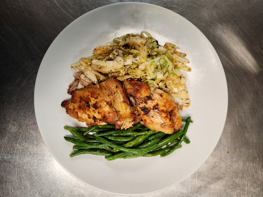 Cajun Roasted Chicken Thighs with Dirty Sauteed Cabbage and Roasted Green Beans